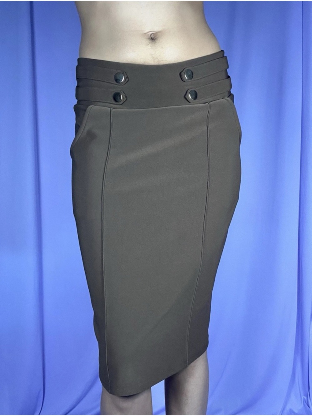 Harper Brown High Waisted Midi Pencil Skirt Size S Gold Button Classy Preppy